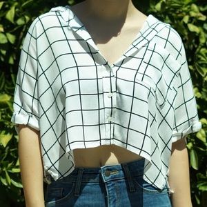 white and black grid pattern button up crop top